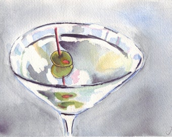 Martini Cocktail Acuarela Pintura - Martini con Olivos Acuarela Arte, 11x14 Impresión