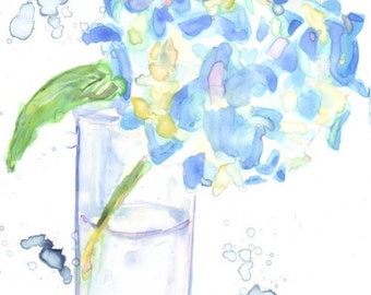 Hydrangea Flower Art - Watercolor Painting - Still Life - Blue Hydrangea Flower Watercolor Art Print, 5x7