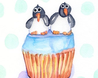 Children's Wall Art Watercolor Painting - Kids Art - Penguin Illustration Art, Cupcake Watercolor Art Print, 8x10