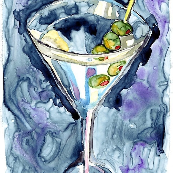Watercolor Painting - Bar Art, Martini Art, Watercolor Art Print, 8x10