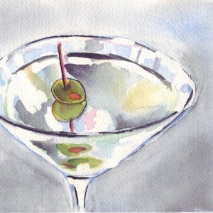 Martini Cocktail Art - 5x7 Martini Watercolor Painting Illustration Martini with Olives Art, 5x7 Print