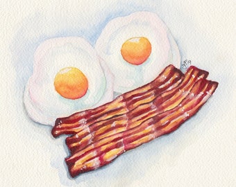 Bacon and Eggs Watercolor Art Print  - Breakfast Food Illustration Art - Bacon Painting - Foodie Art, 8x10