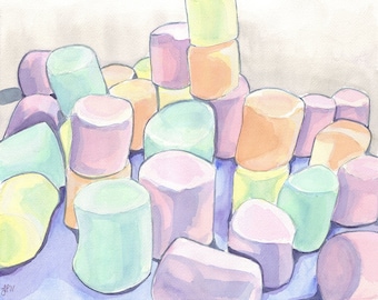 Watercolor Painting - Marshmallows Art, Watercolor Art Print, 8x10 Wall Art, Candy Series no. 6