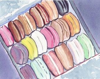 Paris Laduree Macarons Art no. 3 Watercolor Painting - Square Box of Macarons Watercolor Art Print, 5x7