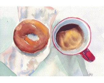 Watercolor Painting - Coffee Art- Red and Brown Coffee and Donut Art Print, 8x10