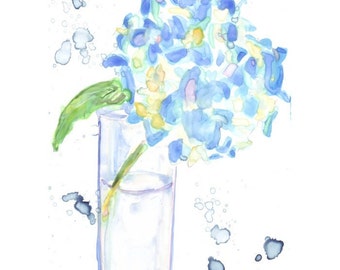 Watercolor Painting - Blue Hydrangea Art, Flower Watercolor Art Print, 8x10