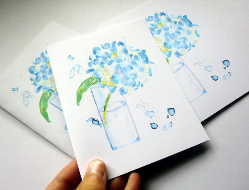 Flower Watercolor Art Cards Blue Hydrangea Notecards Set of 8