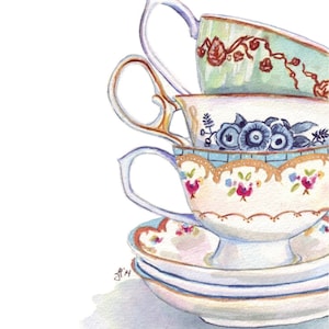 Teacups Still Life Watercolor Painting - Stack of Tea Cups Watercolor Art Print, 8x10