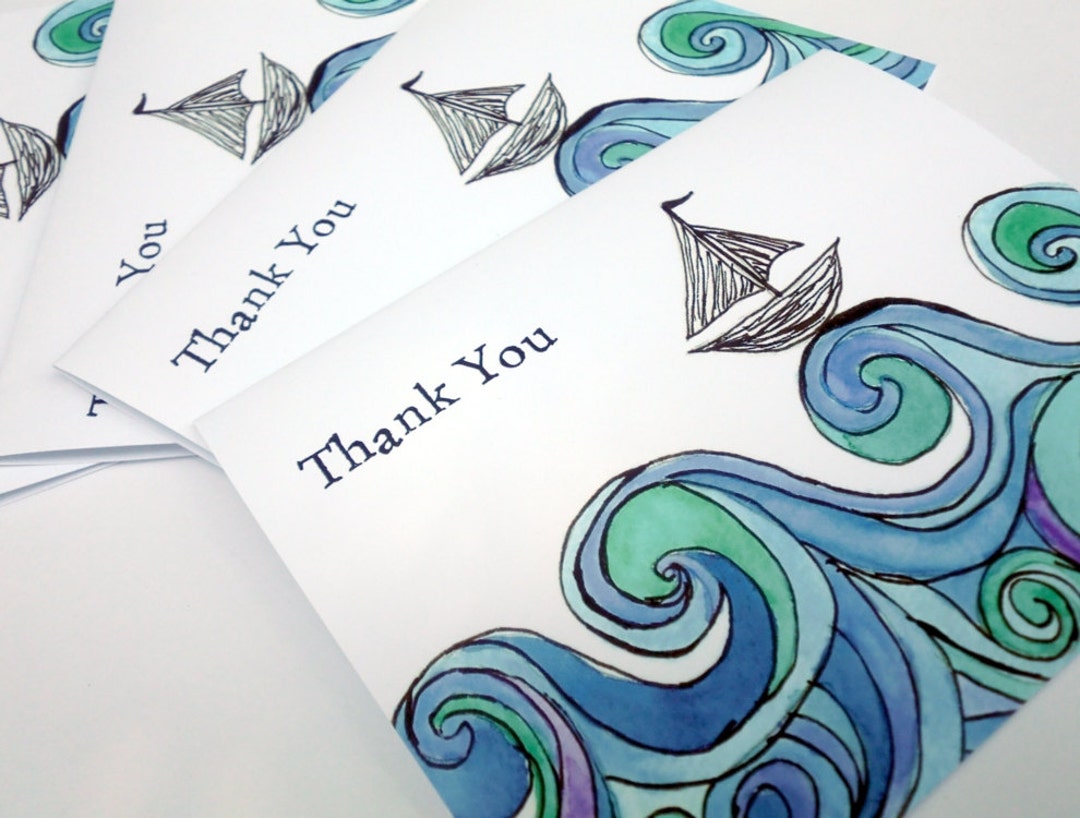 Sailboat on Ocean Waves Thank You Notes - Blue Green Watercolor Art ...