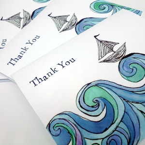 Velero en el mar las olas notas de agradecimiento - arte acuarela verde azul gracias cartas - juego de 8