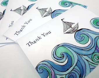 Sailboat on Ocean Waves Thank You Notes - Blue Green Watercolor Art Thank You Cards - Set of 8