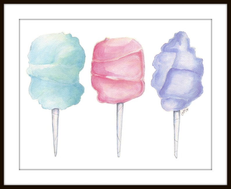 Three Cotton Candies Trio Watercolor Painting Cotton Candy Art Pastel Food Illustration, 11x14 Print image 3