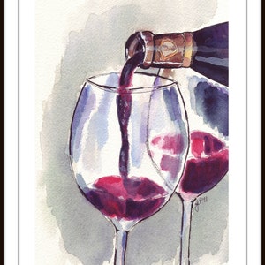 Art du vin Verre de vin rouge Pour, Aquarelle Art Print, 8x10 Édition limitée Imprimer image 3