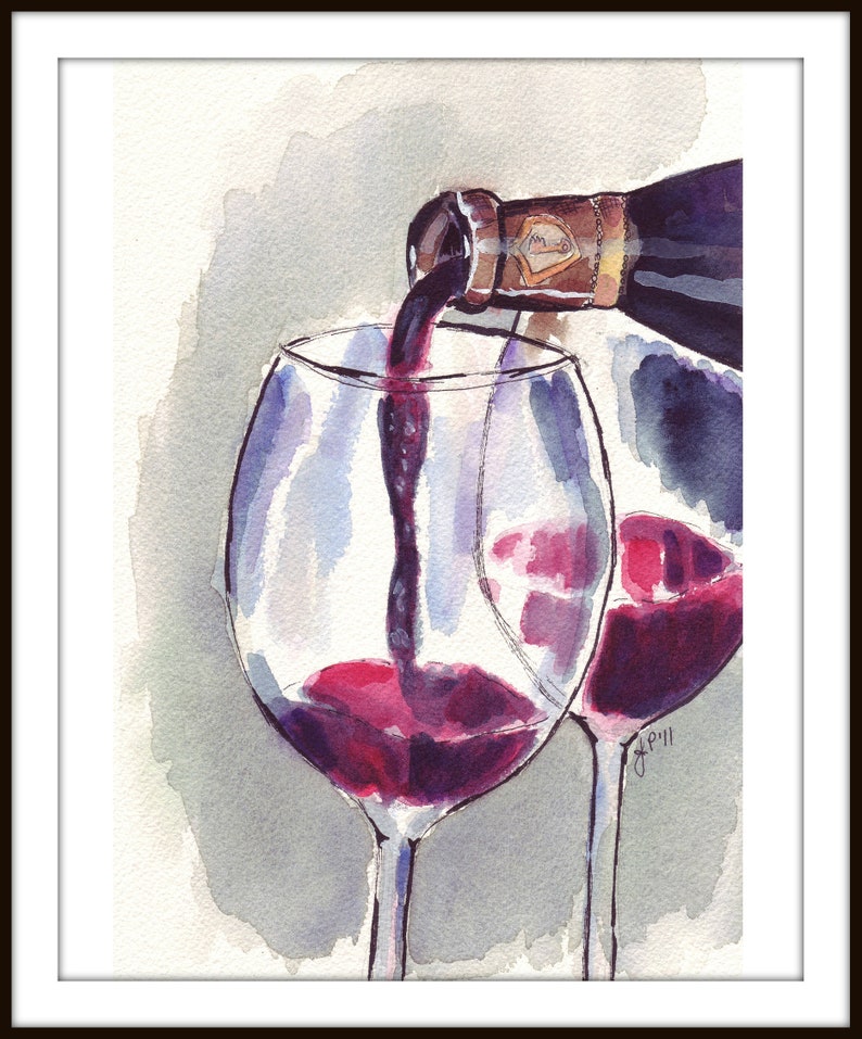 Art du vin Verre de vin rouge Pour, Aquarelle Art Print, 8x10 Édition limitée Imprimer image 3