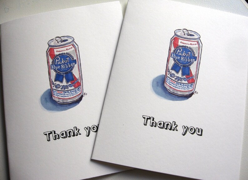 Thank You Notes, PBR Pabst Blue Ribbon Beer Watercolor Art Thank You Cards, Set of 12 image 3