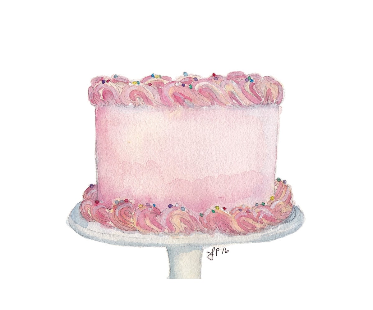 Pink Cake Still Life Watercolor Painting Classic Birthday Etsy