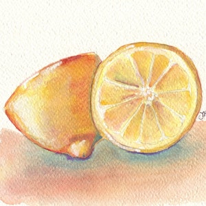 Arte de limones - limón todavía vida acuarela pintura - dos limones amarillos fruta acuarela arte impresión, 8x10