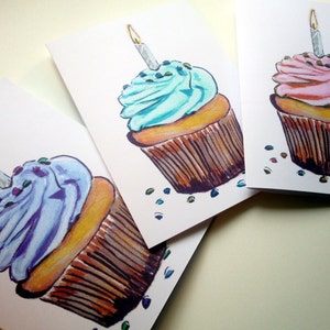 Cupcake with Candle Birthday Cards Set, Watercolor Art Birthday Greeting Cards, Set of 4