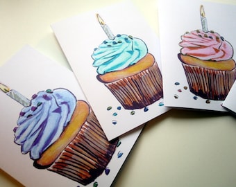 Cupcake with Candle Birthday Cards Set, Watercolor Art Birthday Greeting Cards, Set of 4