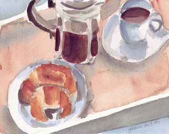 Arte del café - acuarela pintura - croissant y café francés prensa acuarela arte impresión, 11x14