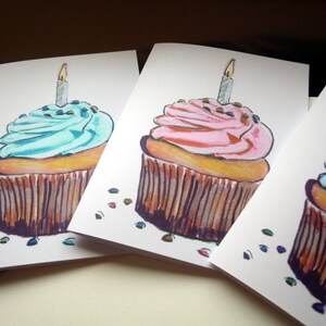 Conjunto de cartões de aniversário de cupcake e vela, cartões de aniversário de arte em aquarela, conjunto de 8