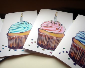 Magdalena y tarjetas de cumpleaños de vela conjunto, acuarela arte cumpleaños tarjetas de felicitación, de 8
