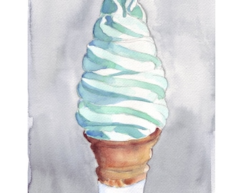 Ice Cream Art Print - Ice Cream Cone Watercolor Painting Print - Soft Serve Blue Vanilla Ice Cream Cone Illustration - 8x10 Print