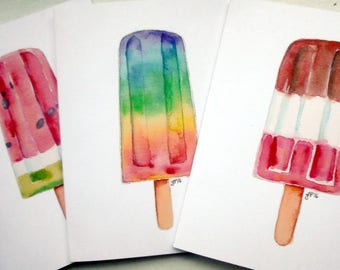 Popsicle Cards - Popsicle Watercolor Art Blank Note Cards - Frozen Dessert Pop Food Illustration Cards - Set of 8 Cards