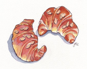 Croissant Art - 5x7 Print of Watercolor Painting - Almond Croissants Pastry Breakfast Food Art - 5x7 Print