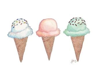 Ice Cream Art 5x7 - Food Illustration - Three Ice Cream Cone Watercolor Painting - Triptych Ice Cream Kitchen Illustration - 5x7 Print