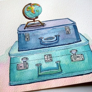 Watercolor Painting Vintage Suitcases and Globe Blue and Green Travel Wanderlust Illustration 5x7 Print image 5