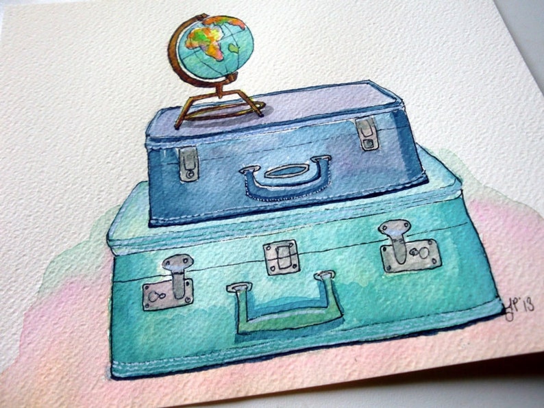 Watercolor Painting Vintage Suitcases and Globe Blue and Green Travel Wanderlust Illustration 5x7 Print image 5