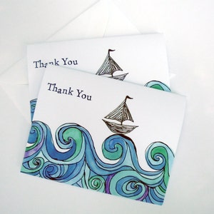 Boat Cards - Sailboat on Ocean Waves Thank You Notes - Blue Green Watercolor Art Thank You Cards - Set of 4