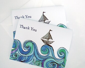 Boat Cards - Sailboat on Ocean Waves Thank You Notes - Blue Green Watercolor Art Thank You Cards - Set of 4