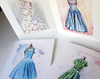 Vintage Dress Stationery Set - Vintage Dress Fashion Cards Watercolor Art Note Cards Ed. 2, Set of 8