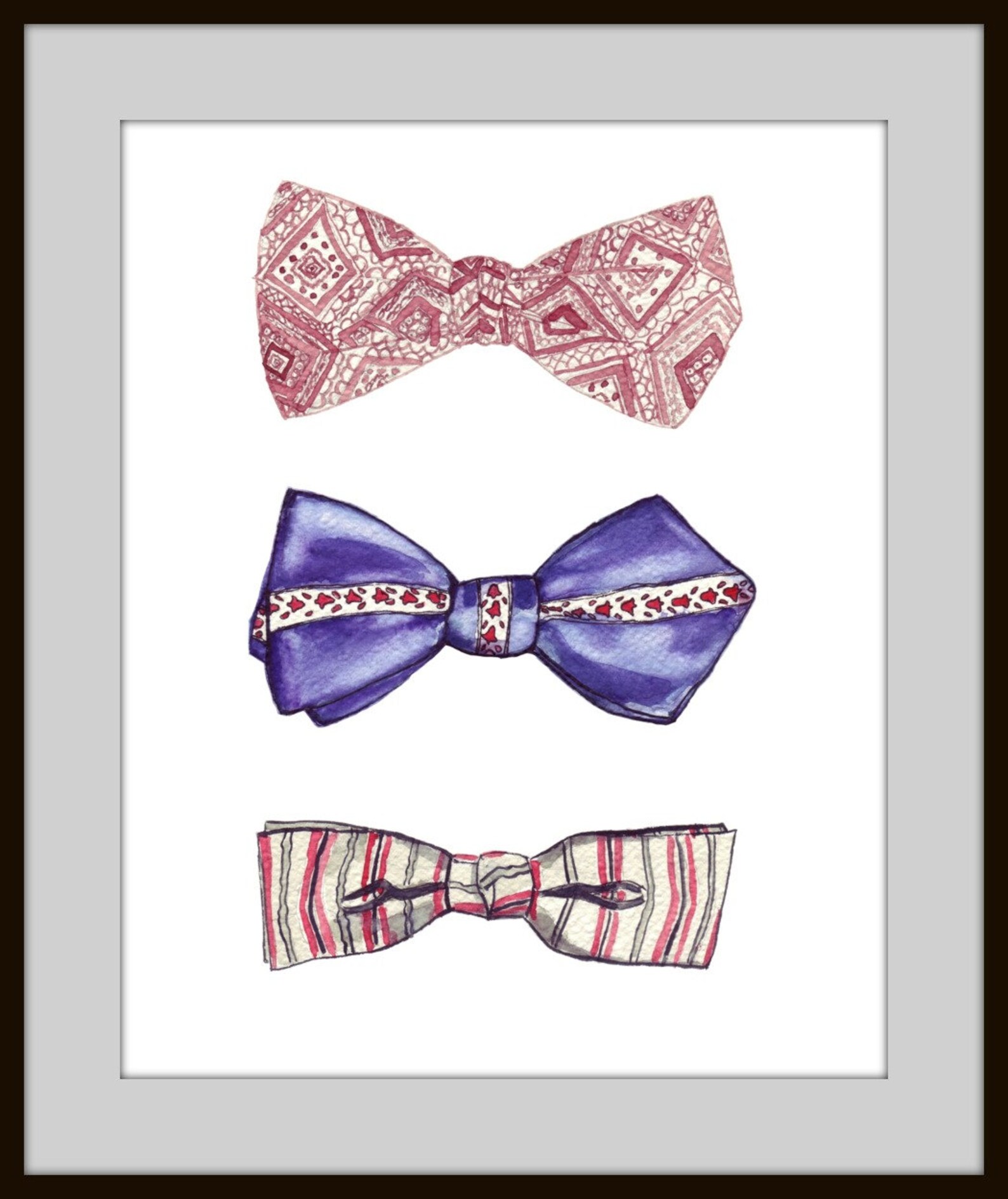 Bowtie Art Watercolor Painting Print Three Vintage Mens Bow Ties