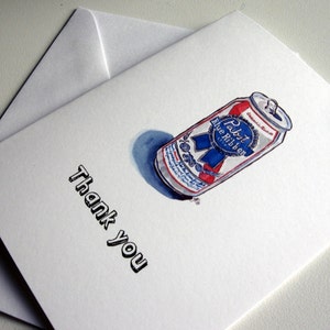 Thank You Notes, PBR Pabst Blue Ribbon Beer Watercolor Art Thank You Cards, Set of 12 image 4