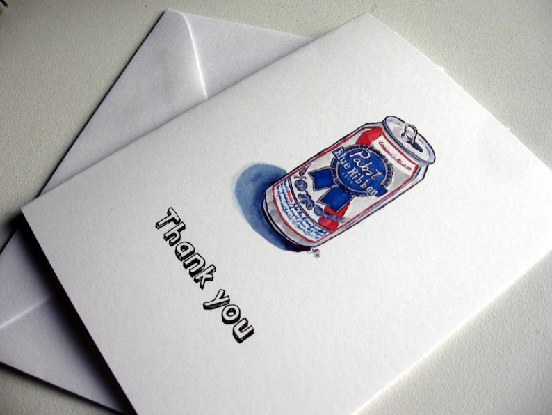 Thank You Notes, PBR Pabst Blue Ribbon Beer Watercolor Art Thank You Cards, Set of 12 image 4