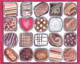 Watercolor Painting - Box of Chocolates Art - Food Illustration Watercolor Art Print, 5x7 Print