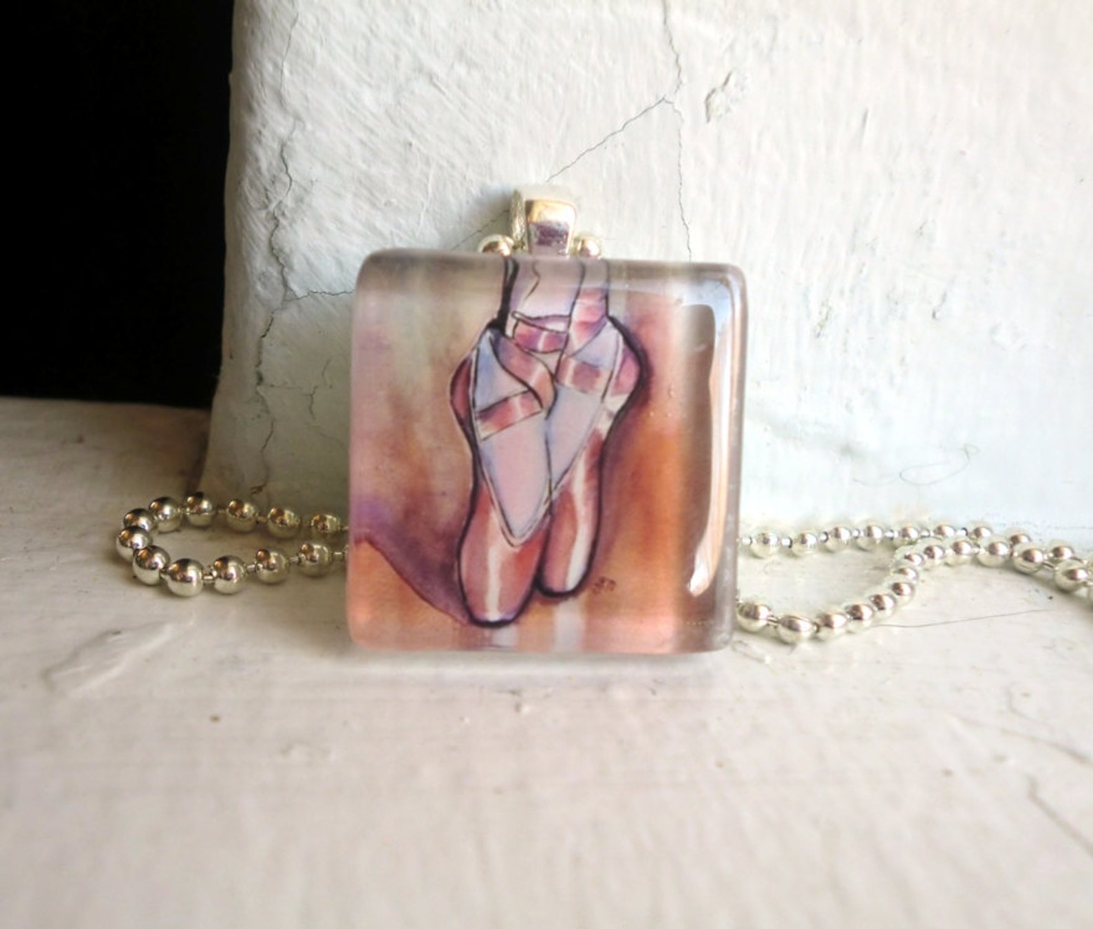 dance jewelry - pendant necklace - pink ballet shoes ballerina necklace, glass tile pendant necklace, wearable watercolor art dance jewelry - pendant necklace - pink ballet shoes ballerina necklace, glass tile pendant necklace, wearable watercolor art