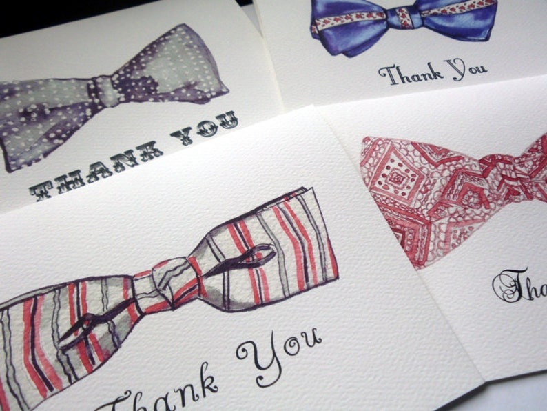 Vintage Bowtie Thank You Cards Retro Watercolor Men/'s Fashion Bow Tie Thank You Cards Set of 4