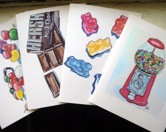 Kids Stationery Card Set - Candy Notecards, Watercolor Art Note Cards, Set of 8