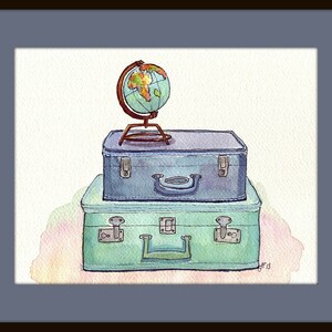 Watercolor Painting Vintage Suitcases and Globe Blue and Green Travel Wanderlust Illustration 5x7 Print image 4