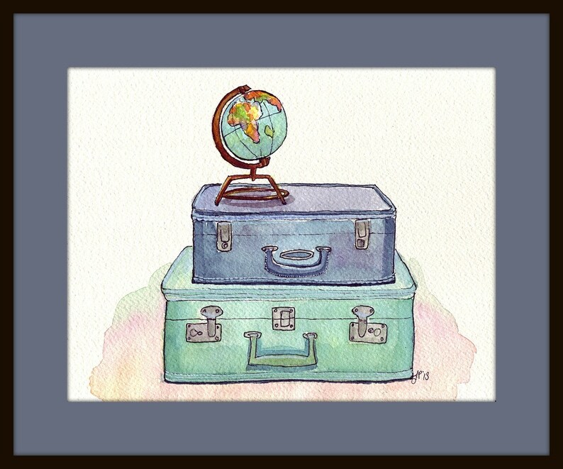 Watercolor Painting Vintage Suitcases and Globe Blue and Green Travel Wanderlust Illustration 5x7 Print image 4