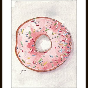 Pink Donut Watercolor Painting Print, Doughnut with Pink Frosting and Sprinkles from Above, 5x7 Print image 3