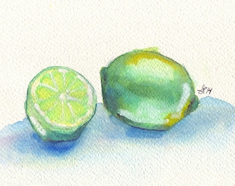 Green Limes Watercolor Painting 8x10 Print - Lime Fruit Still Life 8x10 Print