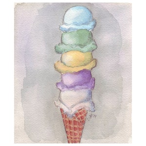 Ice Cream Watercolor Painting Five Scoops Cone Watercolor Art Print, 8x10 Print image 1