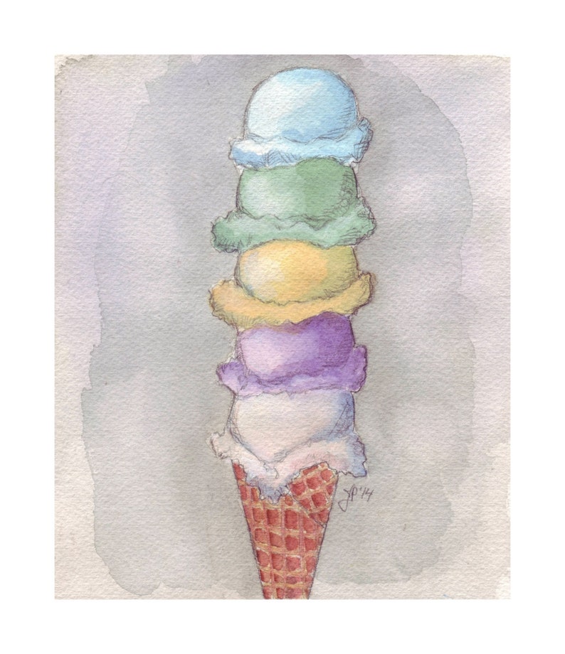 Ice Cream Watercolor Painting Five Scoops Cone Watercolor Art Print, 8x10 Print image 1