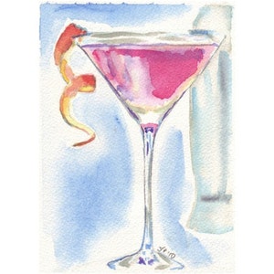 Pink Cosmo Art - Watercolor Painting - Cocktail Art- Pink Cosmo Cocktail Watercolor Art Print, 5x7 Art