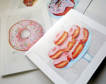 Donut Stationery Set - Donut Cards Watercolor Art Blank Notecards - Cute Food Art Cards - Set of 12 Cards